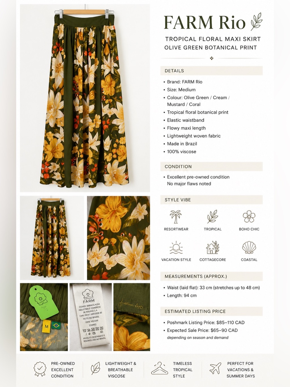 FARM Rio Tropical Floral Maxi Skirt Olive Green Botanical Print Size M